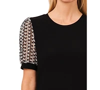 CeCe Women's Crochet Puff-Sleeve Mixed-Media Knit Top