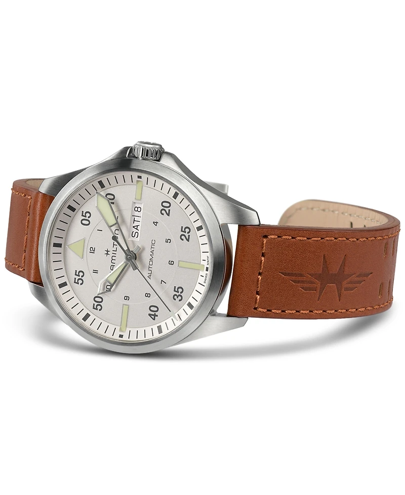 Hamilton Men's Swiss Automatic Khaki Aviation Day Date Brown Leather Strap Watch 42mm