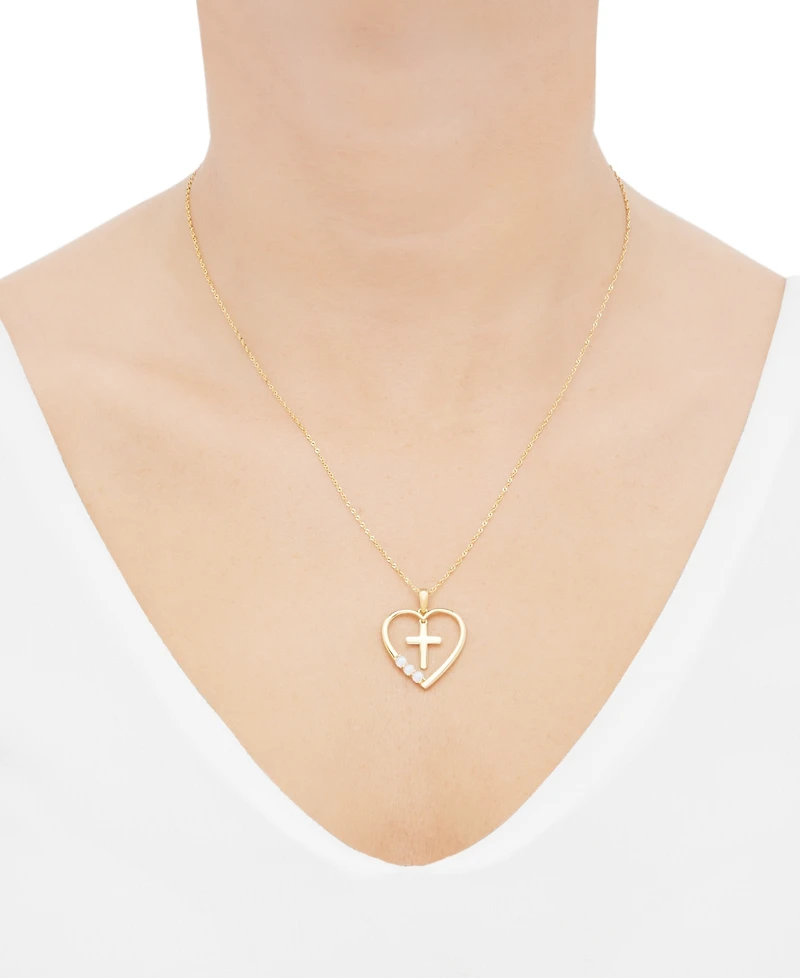 Lab-Grown Opal Cross in Heart 18" Pendant Necklace (1/8 ct. t.w.) in 14k Gold-Plated Sterling Silver