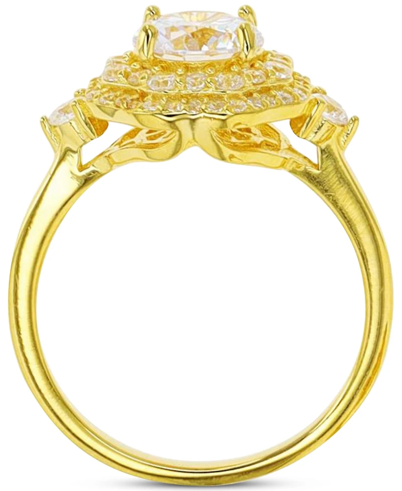 Cubic Zirconia Hexagon Halo Ring 14k Gold-Plated Sterling Silver