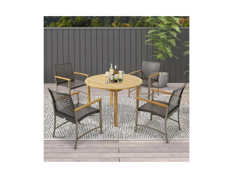 Set of 4 Patio Rattan Dining Chairs with Acacia Wood Armrests
