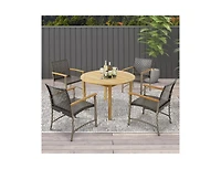 Set of 4 Patio Rattan Dining Chairs with Acacia Wood Armrests