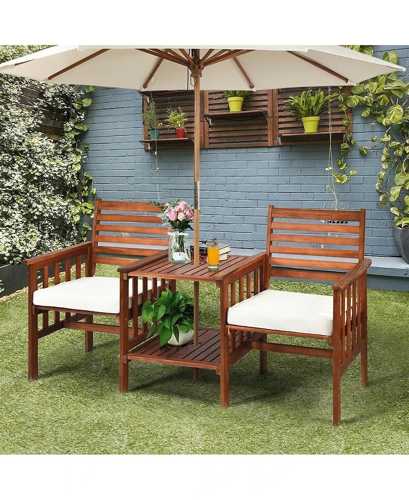 3 Pieces Outdoor Patio Table Chairs Set Acacia Wood Loveseat