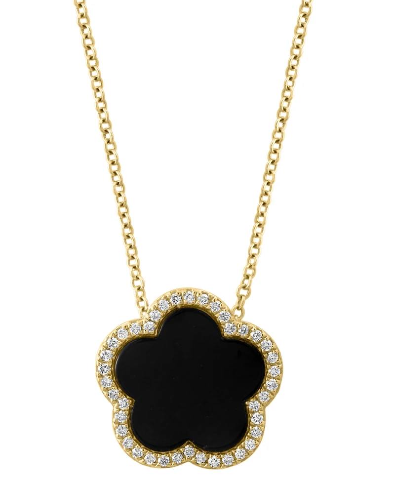 Effy Malachite & Diamond (1/6 ct. t.w.) Flower Halo 18" Pendant Necklace 14k Gold (Also Onyx)