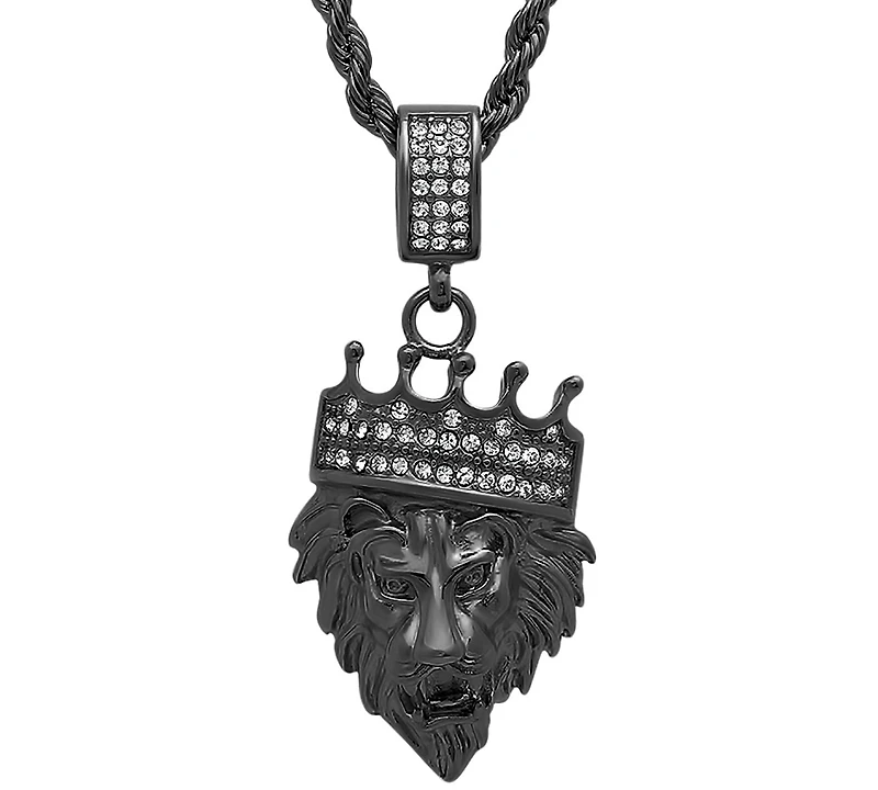 Steeltime Men's Stainless Steel Simulated Diamond Crowned Lion's Head 30" Pendant Necklace