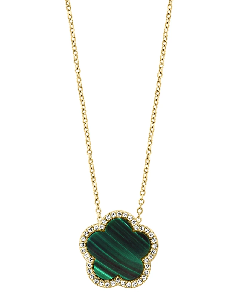 Effy Malachite & Diamond (1/6 ct. t.w.) Flower Halo 18" Pendant Necklace 14k Gold (Also Onyx)
