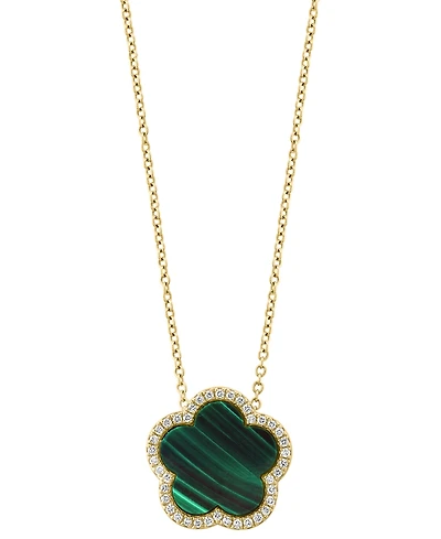 Effy Malachite & Diamond (1/6 ct. t.w.) Flower Halo 18" Pendant Necklace 14k Gold (Also Onyx)