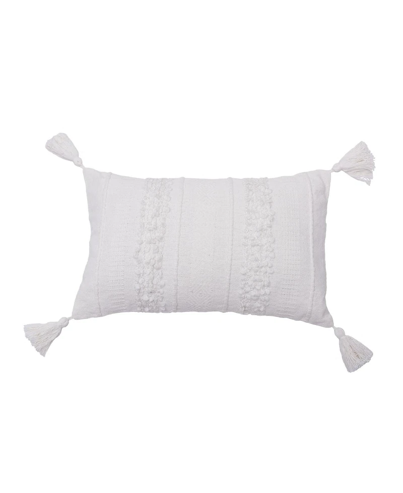 Barton Ivory White Striped Throw Pillow, 14" x 22" w/ Tassels