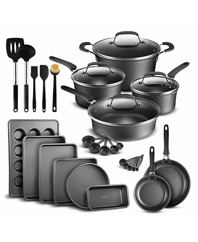 Bakken- Swiss Cookware Set – 23 Piece – Multi-Sized Cooking Pots with Lids, Skillet Fry Pans and Bakeware – Reinforced Pressed Al