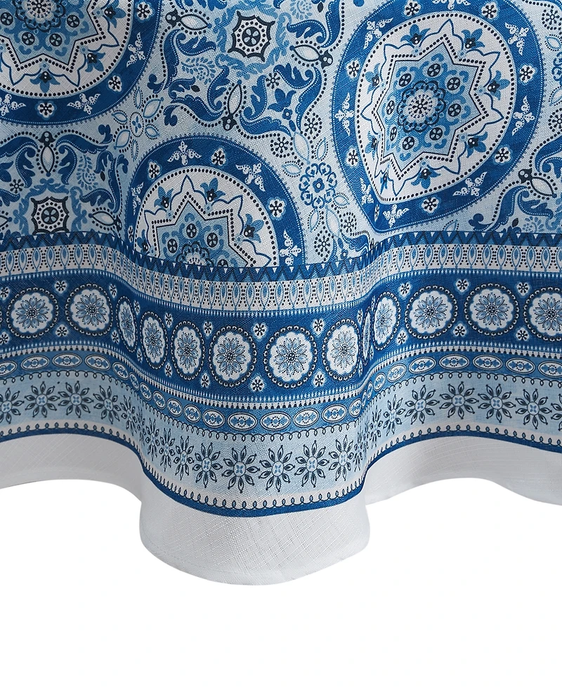 Vietri Medallion Blue Block Print Stain Water Resistant Indoor and Outdoor Tablecloth, 70" x 70" Round