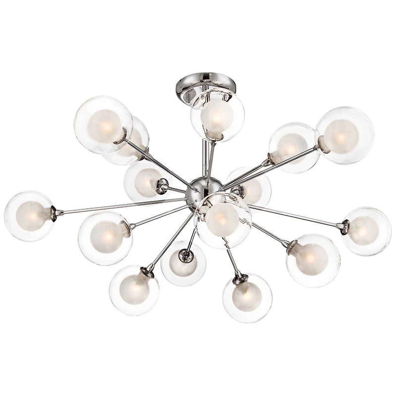 Modern Ceiling Light Semi Flush Mount Fixture Chrome 30.75" Wide 15-Light Sputnik Style Double Clear Frosted Glass for Bedroom Kitchen Living Roo