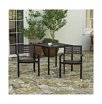 Set Of Two Aluminum Stacking Chairs With Faux Teak Slatted Back And Seat Accented Arms