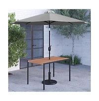 Outdoor Powder Coated Steel Dining Table With Faux Teak Poly Slat Top, 9' Patio Umbrella And Base