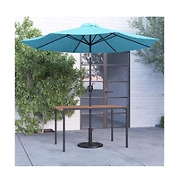 Outdoor Powder Coated Steel Dining Table With Faux Teak Poly Slat Top, 9' Patio Umbrella And Base