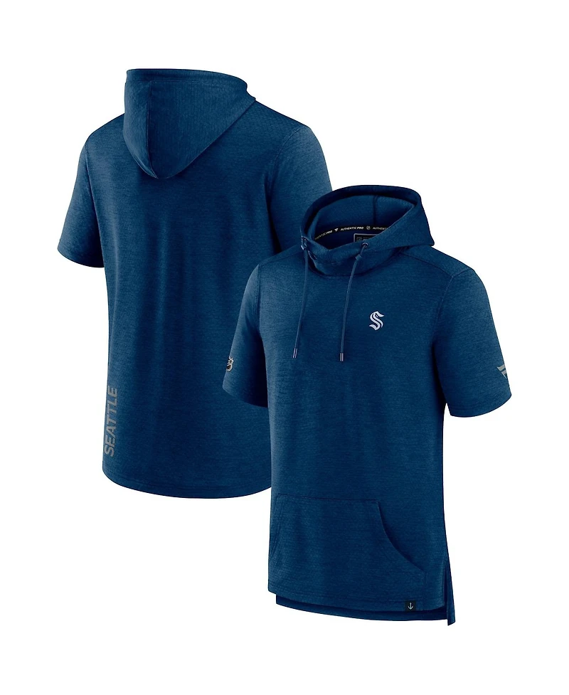 Men's Fanatics Heather Deep Sea Blue Seattle Kraken Authentic Pro Short Sleeve Pullover Hoodie