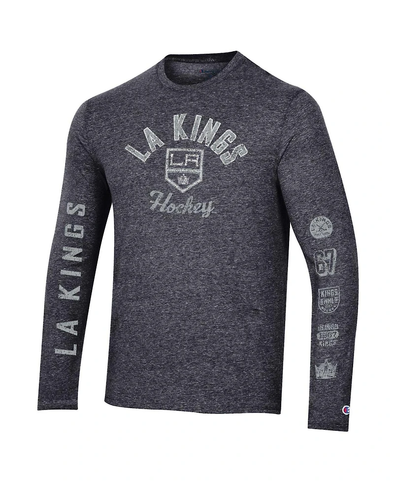Men's Champion Heather Black Distressed Los Angeles Kings Multi-Logo Tri-Blend Long Sleeve T-shirt