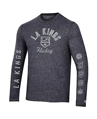 Men's Champion Heather Black Distressed Los Angeles Kings Multi-Logo Tri-Blend Long Sleeve T-shirt