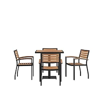 Alani Five Piece Faux Teak Patio Dining Set For Indoor And Outdoor Use - Square Table And Four Club Chairs With Arms