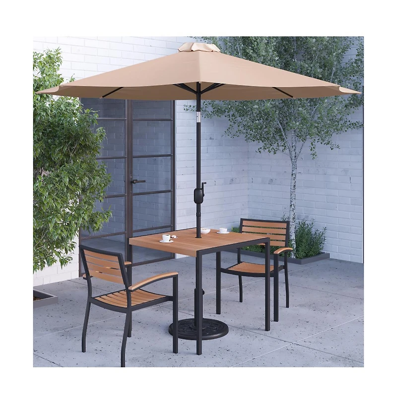 Hampstead Five Piece Faux Teak Patio Dining Set Includes Table, Two Club Chairs, 9' Patio Umbrella And Base