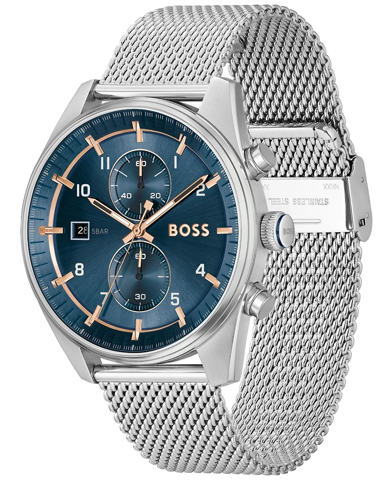 Hugo Boss Men's Skytraveller Quartz Fashion Chrono Silver-Tone Stainless Steel Watch 44mm