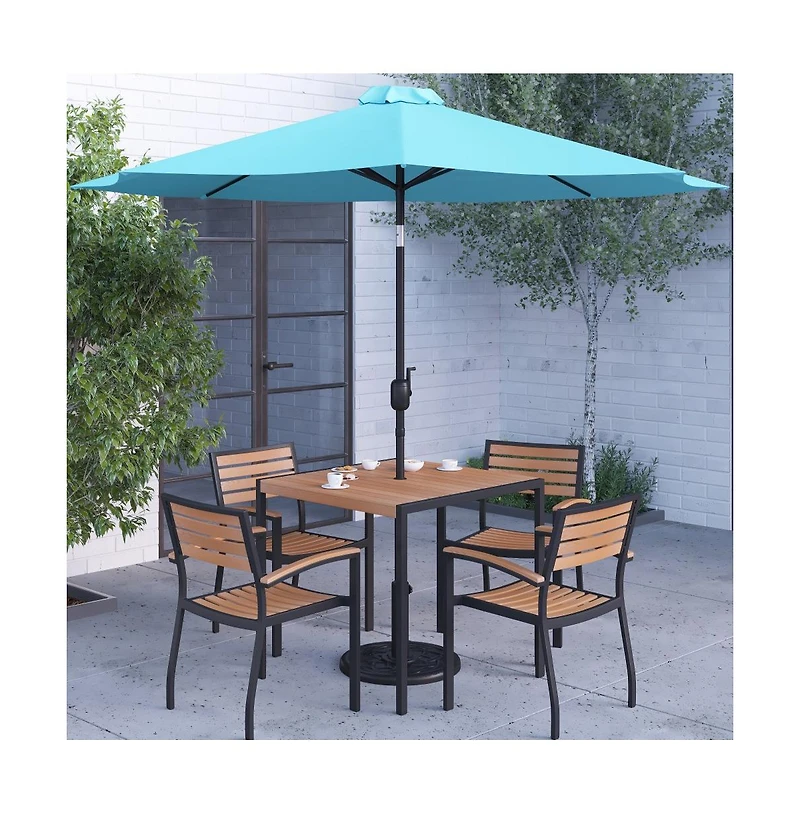 Hampstead Seven Piece Faux Teak Patio Dining Set Includes Table, Four Club Chairs, 9' Patio Umbrella And Base