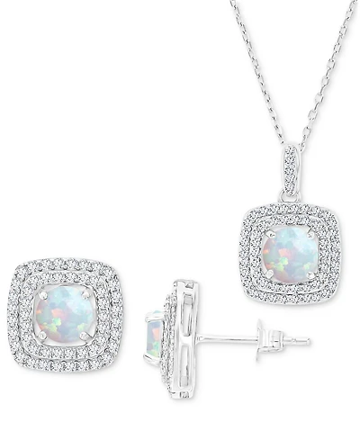2-Pc. Set Lab-Grown Opal (1-1/5 ct. t.w.) & Lab-Grown White Sapphire (7/8 ct. t.w.) Square Halo Pendant Necklace & Matching Stud Earrings in Sterling