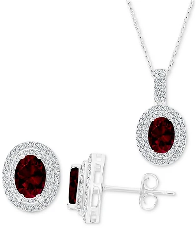 2-Pc. Set Garnet (3-1/2 ct. t.w.) & Lab-Grown White Sapphire (1-1/10 ct. t.w.) Oval Halo Pendant Necklace & Matching Stud Earrings in Sterling Silver