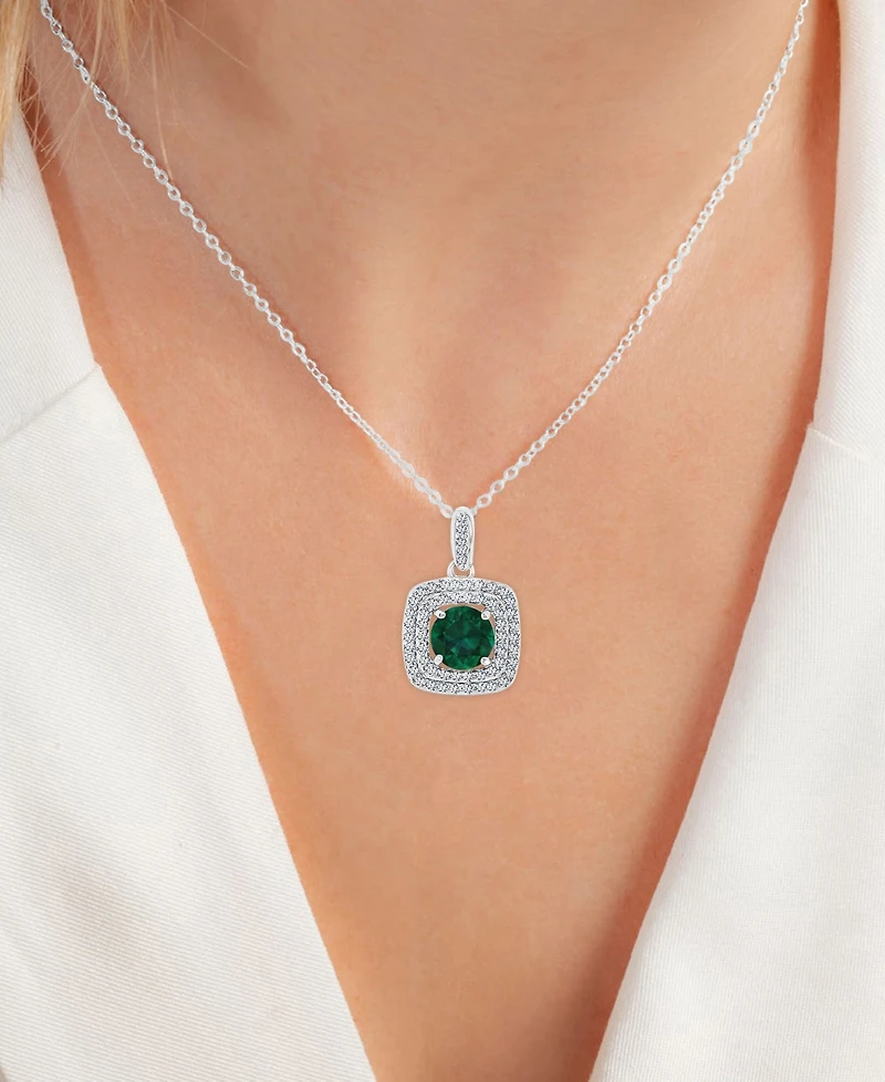 2-Pc. Set Lab-Grown Emerald (3 ct. t.w.) & Lab-Grown White Sapphire (7/8 ct. t.w.) Square Halo Pendant Necklace & Matching Stud Earrings in Sterling S