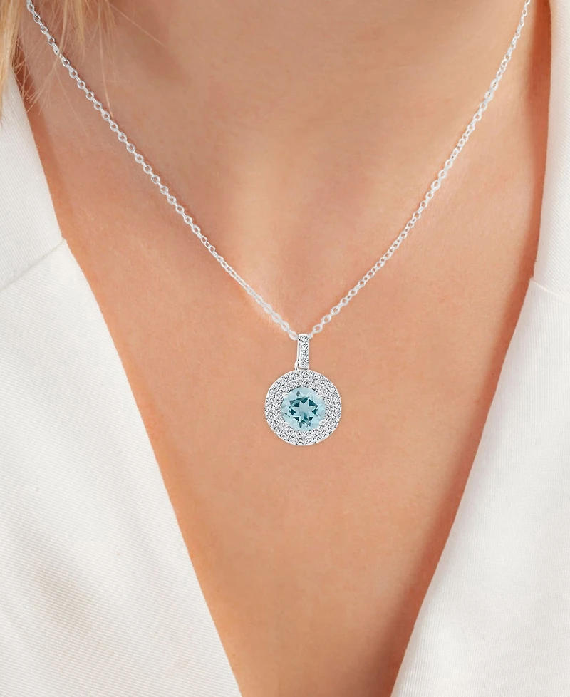 2-Pc. Set Aquamarine (3-1/10 ct. t.w.) & Lab-Grown White Sapphire (7/8 ct. t.w.) Halo Pendant Necklace & Matching Stud Earrings in Sterling Silver