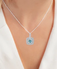 2-Pc. Set Aquamarine (3-1/10 ct. t.w.) & Lab-Grown White Sapphire (7/8 ct. t.w.) Square Halo Pendant Necklace & Matching Stud Earrings in Sterling Sil