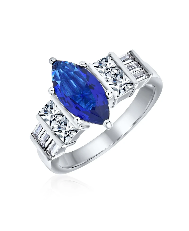 Bling Jewelry Art Deco Style 3CT Cubic Zirconia Cz Pave Royal Blue Marquise Solitaire Promise Ring Sterling Silver