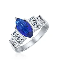 Bling Jewelry Art Deco Style 3CT Cubic Zirconia Cz Pave Royal Blue Marquise Solitaire Promise Ring Sterling Silver