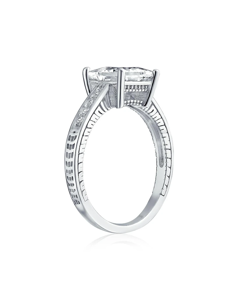 Bling Jewelry Classic Cubic Zirconia 3CT Square Cz Princess Cut Solitaire Promise Ring Sterling Silver Milgrain Pave Band