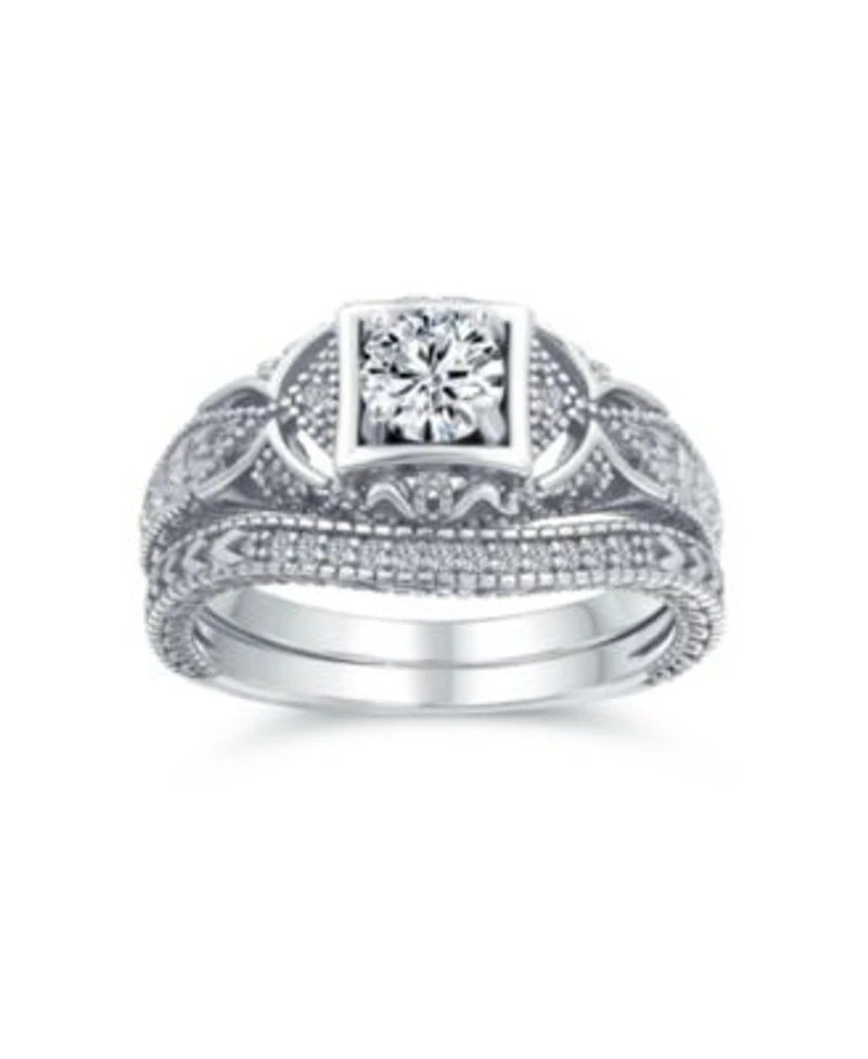 Bling Jewelry Deco Style Milgrain 1CTW Cubic Zirconia Promise Ring Set Sterling Silver