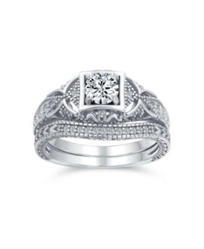Bling Jewelry Deco Style Milgrain 1CTW Cubic Zirconia Promise Ring Set Sterling Silver
