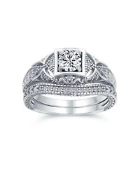 Bling Jewelry Deco Style Milgrain 1CTW Cubic Zirconia Promise Ring Set Sterling Silver