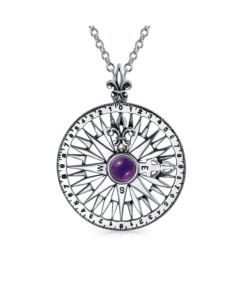 Bling Jewelry Celtic Round Medallion Navigation Direction Graduation Large Fleur De Lis Nautical Rose Compass Pendant Necklace Purple Cz Oxidized Ster