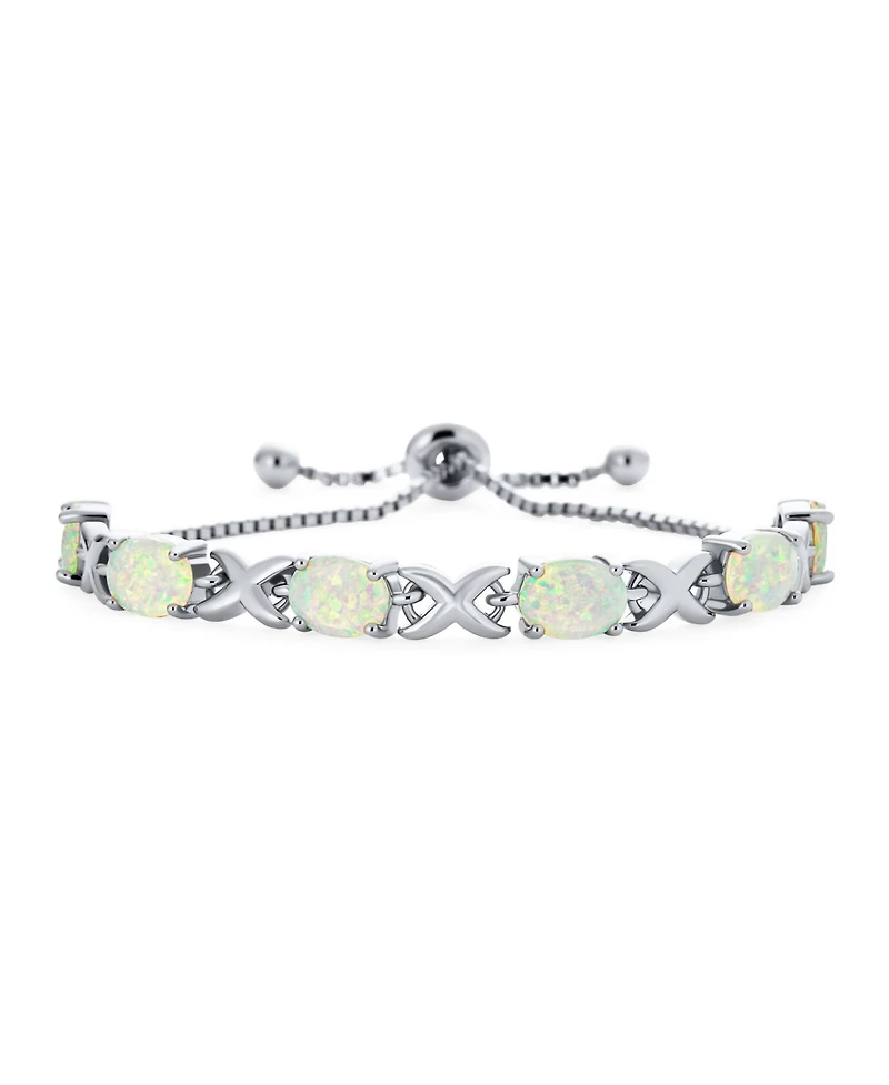 Bling Jewelry Iridescent Oval Figure 8 & White Created Opal Tennis Infinity Bolo Bracelet .925 Sterling Silver Rhodium Plated Adjustable Slide 7 Inch
