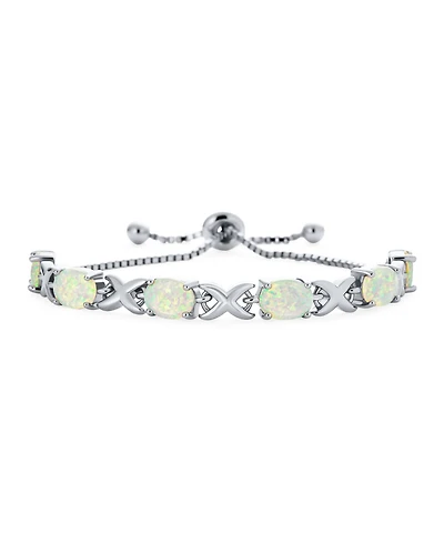 Bling Jewelry Iridescent Oval Figure 8 & White Created Opal Tennis Infinity Bolo Bracelet .925 Sterling Silver Rhodium Plated Adjustable Slide 7 Inch