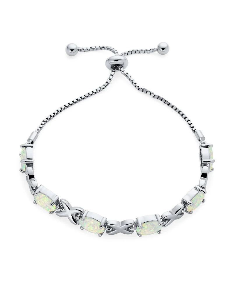 Bling Jewelry Iridescent Oval Figure 8 & White Created Opal Tennis Infinity Bolo Bracelet .925 Sterling Silver Rhodium Plated Adjustable Slide 7 Inch