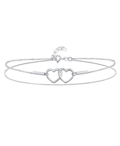 Bling Jewelry 2 in 1 Set Interlocking Open Hearts Double Chain Anklet Ankle Bracelet Sterling Silver Adjustable 9 To 10 Inch With Extender
