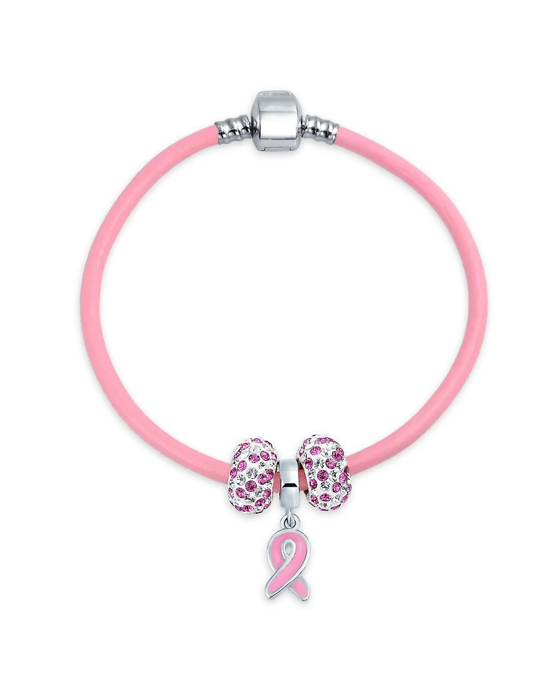 Bling Jewelry Support Breast Cancer Survivor Pink Ribbon Bead Charm Leather Bracelet .925 Silver