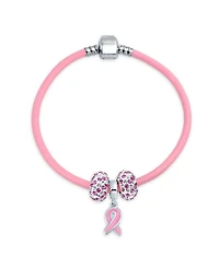 Bling Jewelry Support Breast Cancer Survivor Pink Ribbon Bead Charm Leather Bracelet .925 Silver