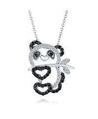 Bling Jewelry Whimsical Cute Zoo Animal Black White Cubic Zirconia Pave Cz Open Panda Bear Pendant Necklace Rhodium Plated Brass