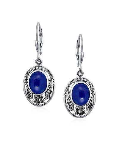 Bling Jewelry Oval Flower Leaf Carved Blue Synthetic Lapis Lazuli Lever back Earrings Oxidized Sterling Silver