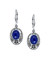 Bling Jewelry Oval Flower Leaf Carved Blue Synthetic Lapis Lazuli Lever back Earrings Oxidized Sterling Silver