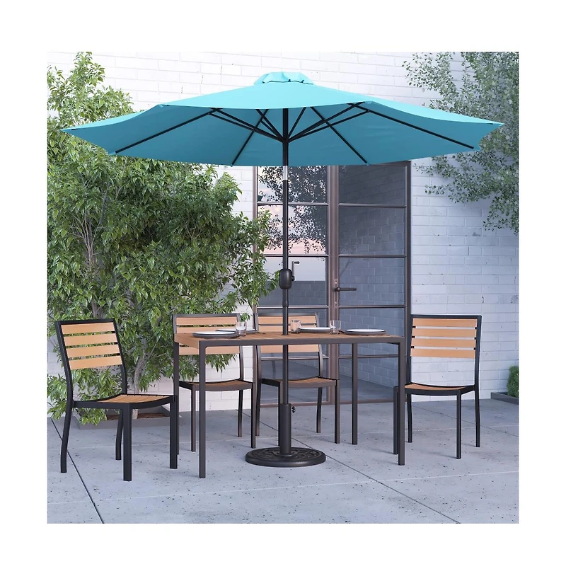 Calle 7 Piece Outdoor Faux Teak Poly Slat Outdoor Furniture Set - Table, 4 Chairs And Patio Umbrella And Base