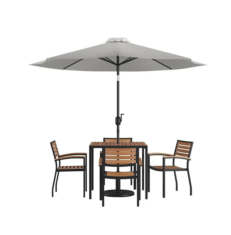 Hampstead Seven Piece Faux Teak Patio Dining Set Includes Table, Four Club Chairs, 9' Umbrella And Base