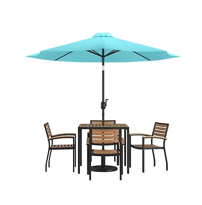 Hampstead Seven Piece Faux Teak Patio Dining Set Includes Table, Four Club Chairs, 9' Patio Umbrella And Base