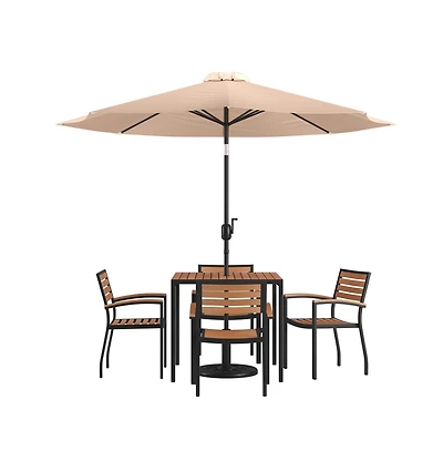 Hampstead Seven Piece Faux Teak Patio Dining Set Includes Table, Four Club Chairs, 9' Patio Umbrella And Base